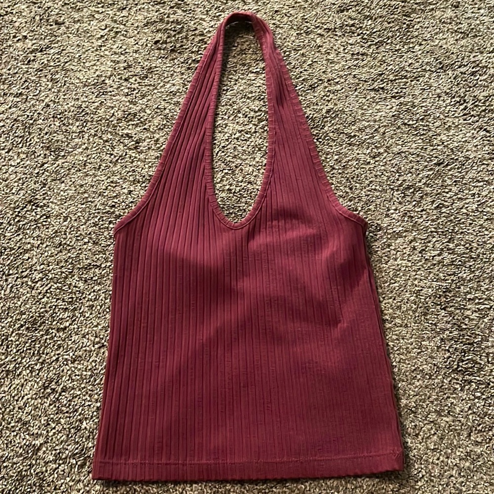 Pink ribbed halter neck tank top
